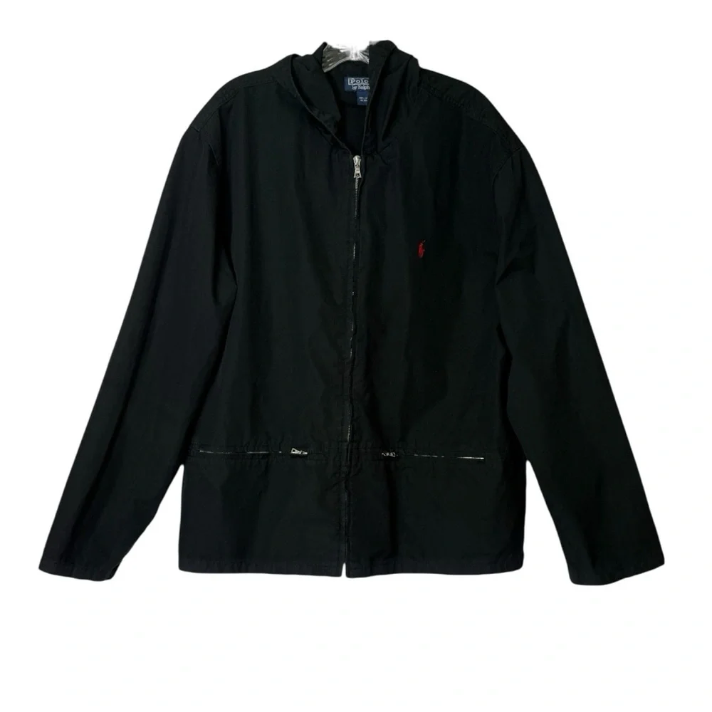 Vintage Polo Ralph Lauren Black Full Zip Hooded Jacket‎ Mens Large Inside Pocket